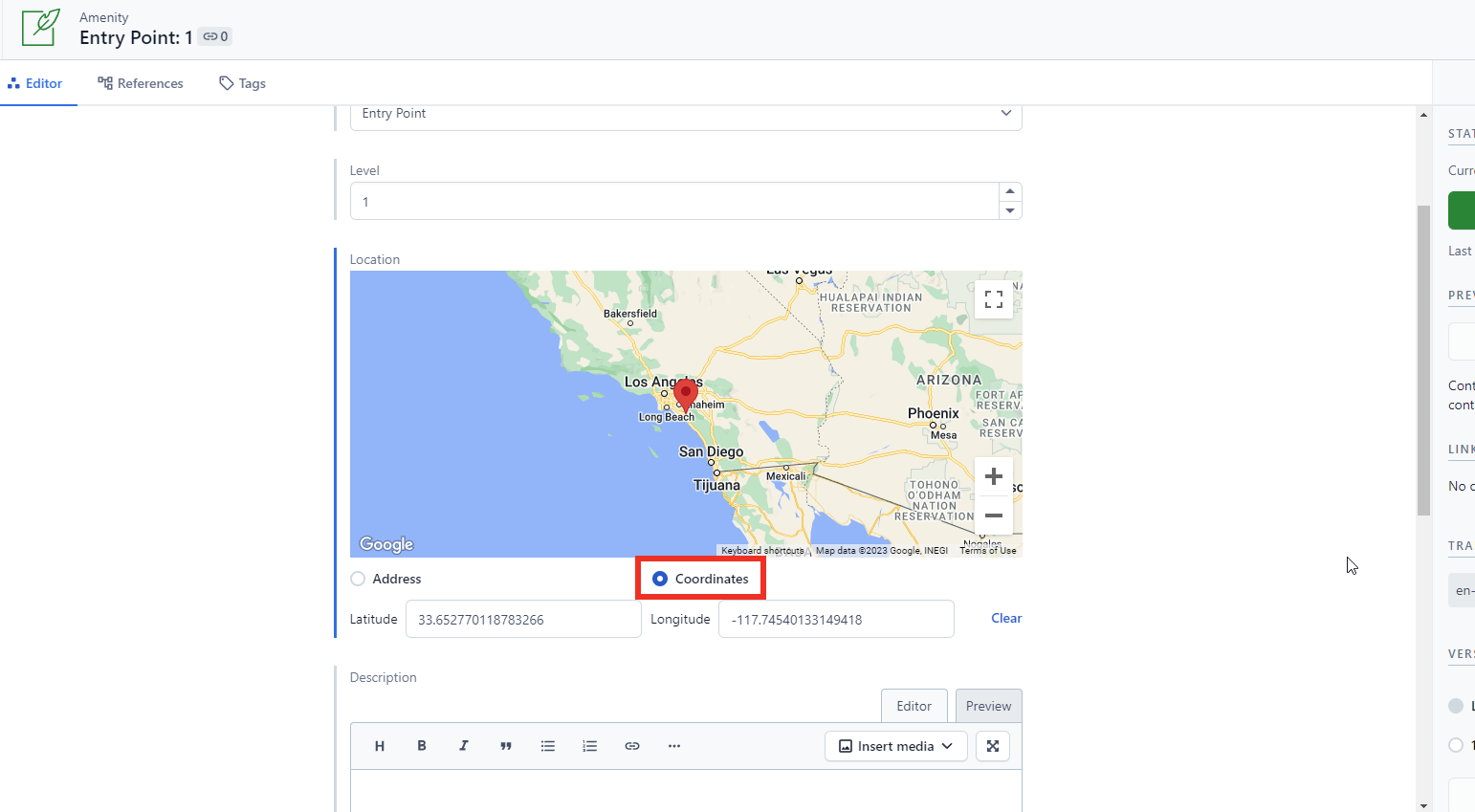 contentful entry point coordinates radio button