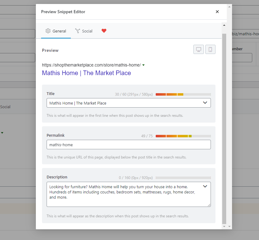 Rank Math meta tag modal